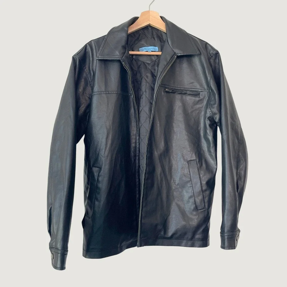 Whispering Smith London Mens Faux Leather Jacket Black Full Zip Quilted Lined L